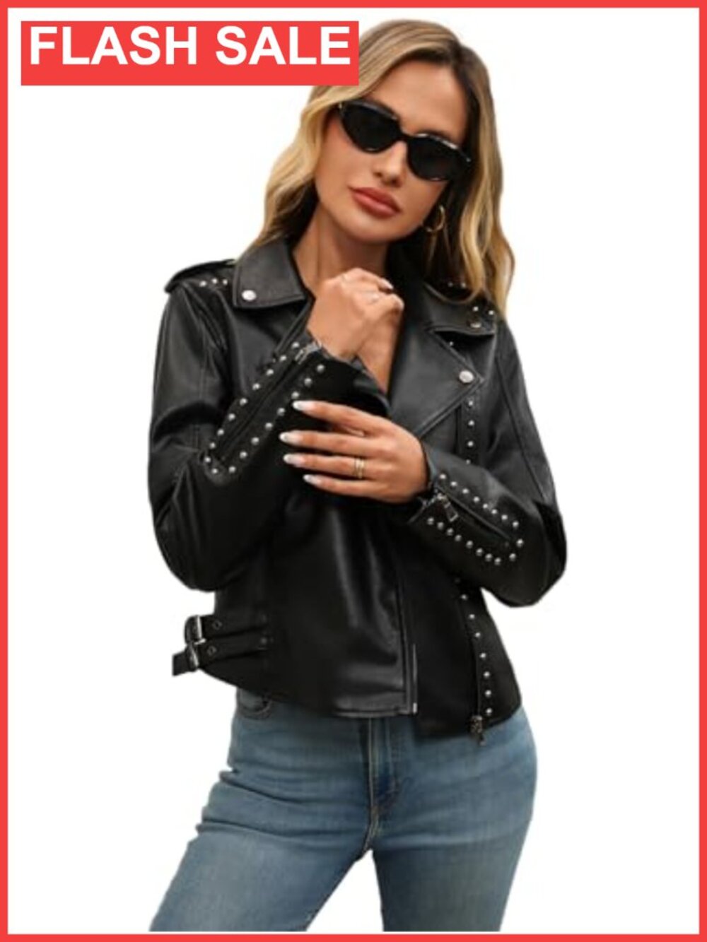 Faux Leather Moto Jacket Women Rivet Studded Biker Coat Zipper